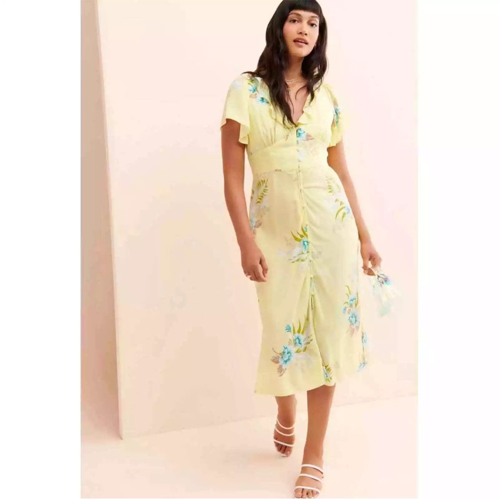 Urban Outfitters Yellow Floral Heart Melter Button Front Midi Dress L